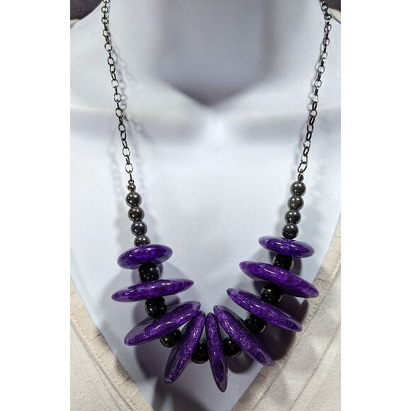 Chunky Gothic Purple Crackle Disc Statement Necklace - Picture 5 of 7